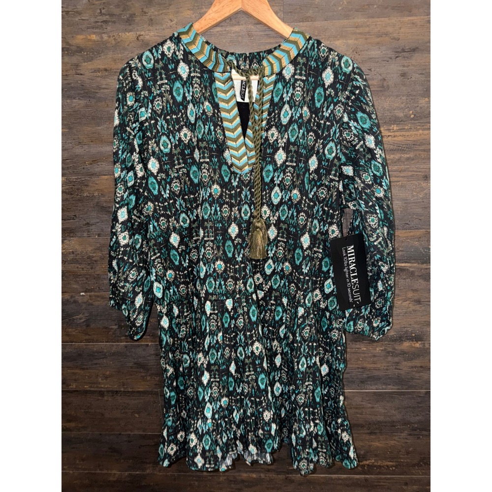 Miraclesuit Bijoux Beach Dress Black Teal Ikat Metallic Cotton Cover Up Medium